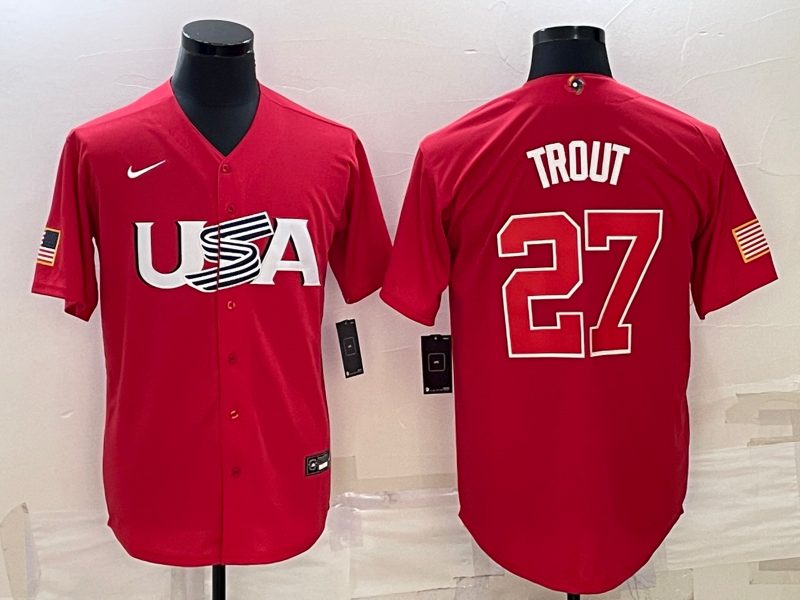 Men's USA Baseball #27 Mike Trout 2023 Red World Baseball Classic Stitched Jersey Men's USA Baseball #27 Mike Trout 2023 Red World Baseball Classic Stitched Jersey